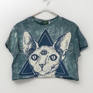 Acid Wash Cat Crop Tee Boxy Mystical Goth Boho Goth Festival Top M Witchy Tarot
